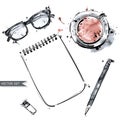 Vector set of working tools: notebook, pen, glasses, cup of coffee. Royalty Free Stock Photo