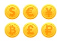 World currency symbols in the form of gold coins with signs: dollar, euro, pound, ruble, yen, bitcoin, yuan Royalty Free Stock Photo