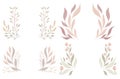 Vector set of wreaths of delicate twigs and stems with foliages. Collection of natural frames in pastel colors