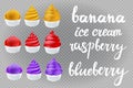 Vector set yellow banana, red raspberry, blue violet blueberry, vanilla Ice cream in the cone on transparent background lettering Royalty Free Stock Photo