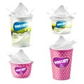 Vector set of yogurt plastic pots with splashes