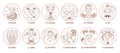 Vector set of Zodiac women signs, constellations golden color on a white background. Logo, tattoo or illustration.