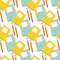 Vector sets of blue, yellow, orange notebooks and pencils seamless pattern background. Diagonal rows of journals and Royalty Free Stock Photo