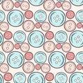 Vector sewing buttons seamless pattern with threads round clothing dressmaking tool illustration