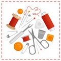 Vector sewing tools in the shape of a circle. Royalty Free Stock Photo