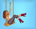 Vector disco woman on swing in headphones. Pop art glamor music lover in earphones concept illustration. Woman character