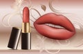 Vector lips and red lipstick on a background with flowers Royalty Free Stock Photo