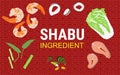 Vector Shabu seafood and vegetable ingredients for sukiyaki illustration in Chinese pattern background