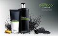 Vector shampoo with bamboo, charcoal. Ad poster