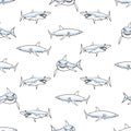 Vector shark sea animal wild hand drawn doodle silhouette seamless pattern. Sketch style