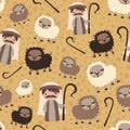 Vector Shepherd with Sheep Nativity Christian Seamless Pattern Background