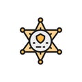 Vector sheriff star badge, police flat color line icon.