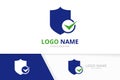 Vector shield and check mark logo combination. Security and tick logotype design template. Royalty Free Stock Photo