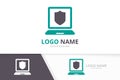 Vector shield and notebook logo combination. Security and laptop logotype design template.