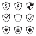 Vector shield protection icon set black on white Royalty Free Stock Photo
