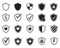 Vector shield protection icon set black on white Royalty Free Stock Photo