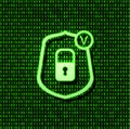 Vector Shield Security Lock Icon, Bright Green Glowing Sign on Binary Code Background. Royalty Free Stock Photo