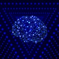 Vector Shining Human Brain on the Bright Blue Background, Wireframe Conected Dots, Colorful Illustrtaion Template.