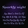 Vector shining luxury beautiful calligraphic purple alphabet font set of glittering sparkles. Vector illustration. EPS