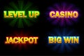 Vector shining text Casino, Jackpot, Big Win and level Up. Icons for casino, slots, roulette and game UI