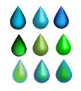 Vector 6 shiny drops 3D set, green and blue icons, water, ecology, nature