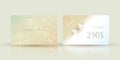 Vector shiny luxury gift card template in light soft pastel colors with golden spots, realistic glittering bow and a ribbon
