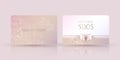 Vector shiny luxury gift card template in light soft pastel colors with golden spots, realistic glittering bow and a ribbon