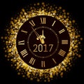 Vector 2017 shiny Merry Christmas and Happy new year 2017 gold clock with glitter frame. Vintage elegant luxury gold watch Royalty Free Stock Photo