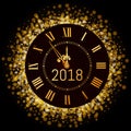 Vector 2017 shiny Merry Christmas and Happy new year 2017 gold clock with glitter frame. Vintage elegant luxury gold watch Royalty Free Stock Photo