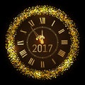 Vector 2017 shiny Merry Christmas and Happy new year 2017 gold clock with glitter frame. Vintage elegant luxury gold watch Royalty Free Stock Photo