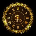 Vector 2017 shiny Merry Christmas and Happy new year 2017 gold clock with glitter frame. Vintage elegant luxury gold watch Royalty Free Stock Photo