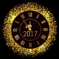 Vector 2017 shiny Merry Christmas and Happy new year 2017 gold clock with glitter frame. Vintage elegant luxury gold watch Royalty Free Stock Photo