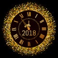 Vector 2017 shiny Merry Christmas and Happy new year 2017 gold clock with glitter frame. Vintage elegant luxury gold watch Royalty Free Stock Photo