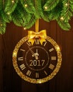 Vector 2017 shiny New Year Clock in gold disco circle frame on christmas wood background with fir tree . Vintage elegant luxury Royalty Free Stock Photo