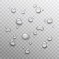 Vector shiny realistic transparent water drops collection on checkered background