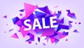 Vector shiny sale banner, promotion poster, discount. Facet 3d triangles illustration. Purple and pink