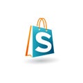 Vector shopping bag logo icon, blue bag with letter s