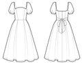 Vector short sleeved dress fashion, woman midi dress with bow on the back, flat sketch with front, back view