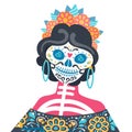 Calavera Catrina - isolated vector shoulder portrait of skeleton woman. Simple folk style and white background Royalty Free Stock Photo
