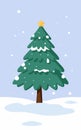 Pine tree covered in snow with falling snowflakes on a serene blue background. Vector illustration of a festive Christmas tree Royalty Free Stock Photo