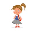 Vector shy cheerful school girl with packpack