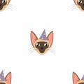 Vector siamese Cat head for cat`s birthday celebration greeting card or invitation banners seamless pattern