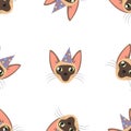 Vector siamese Cat head for cat`s birthday celebration greeting card or invitation banners seamless pattern