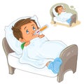 Vector sick little boy lies in bed with a thermometer