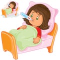 Vector sick little girl lies in bed with a thermometer.