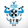 Vector sign composed with muscular sportsman arms and dumbbells.