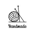 Vector sign line art ball of yarn with knitting tools. Retro logo for local sewing shop, knit club, handmade artist or knitwear