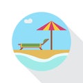 Vector sign parasol and deckchairs on the beach, flat design