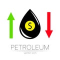 Vector sign of spot liquid oil. Statistics dollar up and down, global financial crisis. Black symbol petroleum isolated Royalty Free Stock Photo