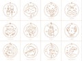 Vector signs of the zodiac in circles of golden color on a white background, logo, tattoo or illustration. Astrological forecast Royalty Free Stock Photo